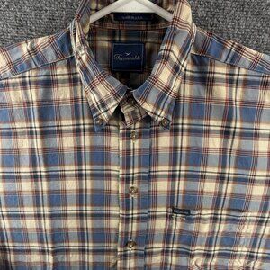 Faconnable Beige Blue USA Button-Down Cotton Large Plaid Pocket Shirt Men French